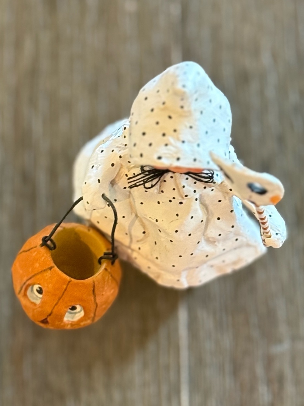 Lori Mitchell White Polka Dot Ghost Dottie Child Figurine with Pumpkin Lantern - Picture 4 of 6